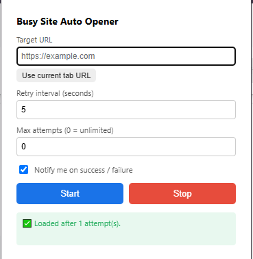 Busy Site Auto Opener popup with a target URL, retry interval, and Start button